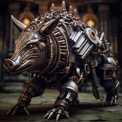 Robotic wild boar made of metal steampunk savage Ai generated art
