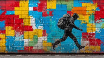 Person Walking Past Colorful Wall With Backpack Painting - obrazy, fototapety, plakaty
