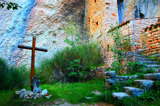 SARNANO, ITALY - OCTOBER 18, 2022: Eremo di Soffiano. Documentation recalls the donation of land to a hermit monk in 1101, for him and his companions to erect a chapel and live in isolation