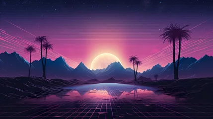 Poster Synthwave retro cyberpunk style landscape background banner or wallpaper. Bright neon pink and purple colors © Ikhou