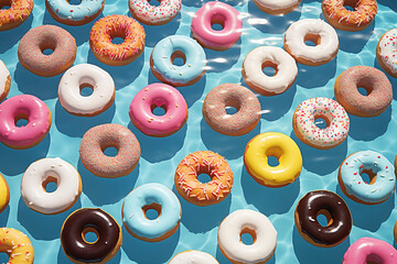 Colorful donuts floating in a swimming pool