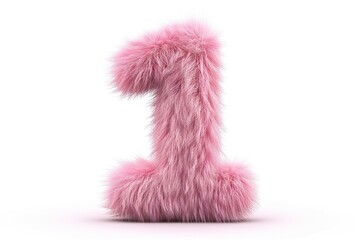 Cute pink pastel number "1" as fur shape, short hair, white background,