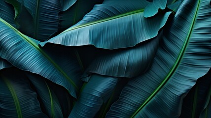 An abstract view of a blue java banana tree's leaves, capturing the interplay of shadows and light, and highlighting the vibrant shades of blue and green -Generative Ai
