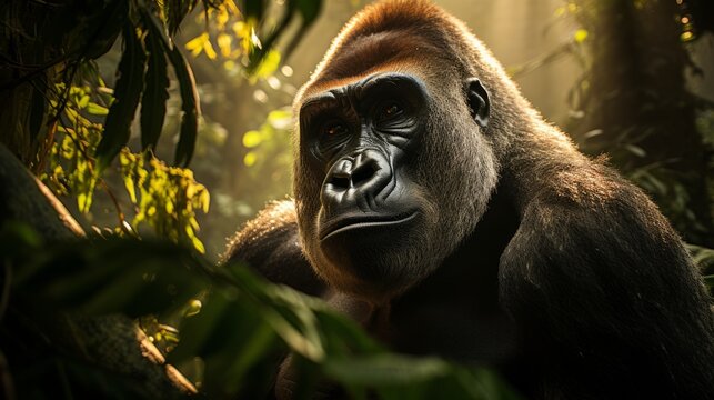 A silverback mountain gorilla in a rainforest. Neural network AI generated art