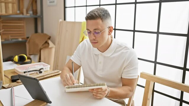 Concentrated young hispanic man in a workshop reflecting creativity taking notes indoors.