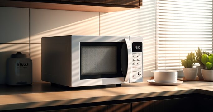Modern microwave oven on counter near light brick wall in stylish kitchen
