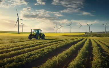 Workers working in the field with a machine. wind turbines and clean energy in the background