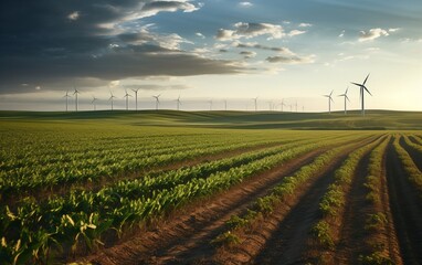 Workers working in the field with a machine. wind turbines and clean energy in the background - obrazy, fototapety, plakaty