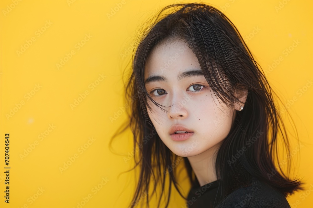 Wall mural Studio portrait of a young Asian model with a vibrant yellow background