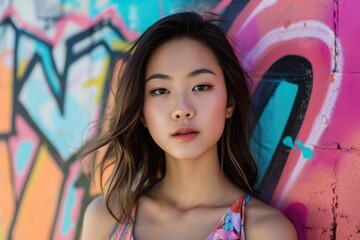 Studio portrait of a young Asian model with a vibrant graffiti urban backdrop