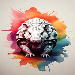 Experience the excellence of a watercolor logo showcasing a powerful armadillo face in vibrant colors. The design pops against a monochrome background, delivering a visually impactful result