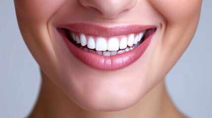 Obraz premium Dental care and hygiene concept. A close up photo of the lower part of a female face, handsome cute smile with very clean perfect teeth. White background.