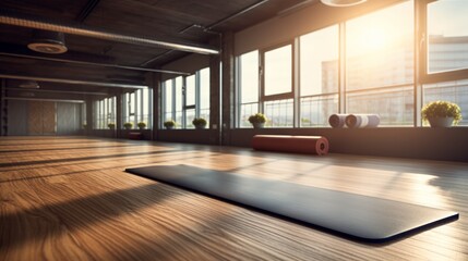 Unrolled yoga mat on wooden floor in modern fitness center or at home with big windows. Neural network AI generated art
