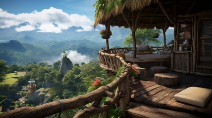 Fototapeta na wymiar An elevated wooden platform with a cozy cabin, offering panoramic views of the jungle canopy stretching endlessly into the distance -Generative Ai 