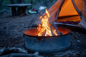 Wilderness Encampment - Camping Fire and Tent with Pit, Captured in Documentary-Style Silver and Orange Tones