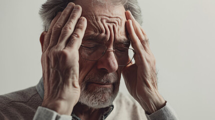 Elderly man in pain, holding his head due to a migraine headache, isolated on a white background, illustrating discomfort and health issues.