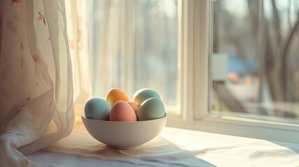 Easter eggs painted in pastel colors stand on the windowsill in a bowl by the window. Easter warm...