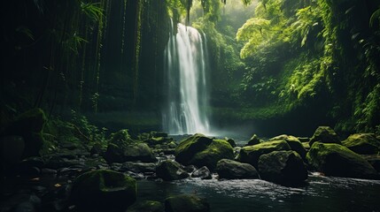 background view of a waterfall in the middle of the forest. background natural view - obrazy, fototapety, plakaty