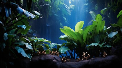 Fototapeta na wymiar An enchanting scene of blue java bananas nestled among vibrant tropical foliage, with a subtle mist adding an ethereal quality to the composition -Generative Ai 