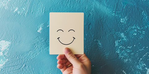 Card with happy face, blue wall background. Happiness concept