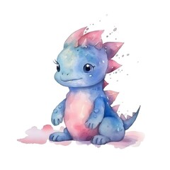 cute baby dinosaur, pink and blue, watercolor, white background