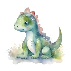 Hand - painted watercolor cute tiranosaurus rex dinosaur, child - friendly illustration, isolated in white background