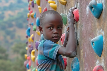 African child boy sports exercises climbing on climbing wall,