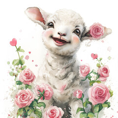 Adorable watercolor painting of a laughing, baby lamb, pink roses and hearts, white background