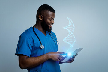 Progress of diagnostics healthcare. Professional young black man doctor studying virtual DNA strand...