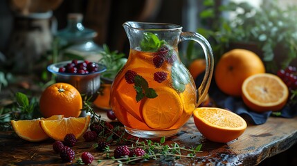 a pitcher of fruit-infused water, with slices of oranges and berries, placed on a wooden surface amidst whole and sliced oranges, and scattered berries.