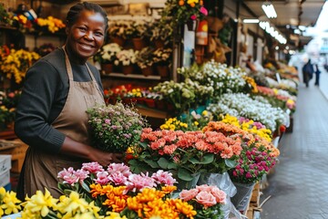 An African American woman tending to a vibrant display of various flowers at a market. - obrazy, fototapety, plakaty