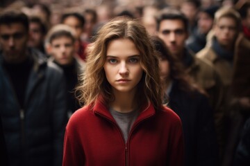  one defiantly unique individual facing the camera while a crowd fades into the background, ideal for conveying nonconformity or independence.