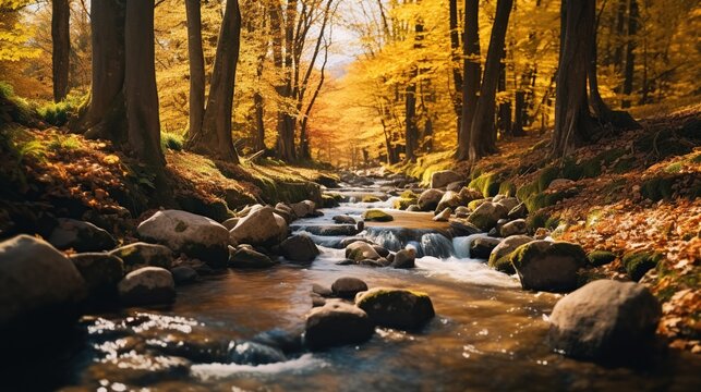 The river flows in the middle of the forest in autumn