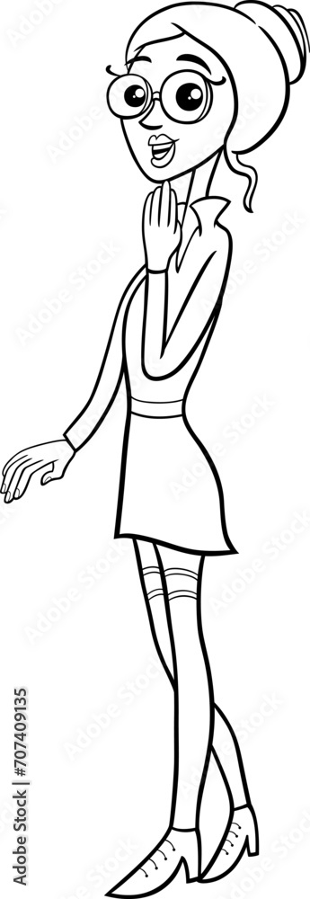 Wall mural cartoon surprised girl or young woman character coloring page