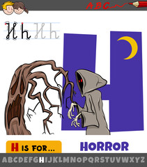 letter H from alphabet with horror word cartoon illustration