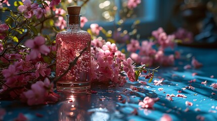 A glass perfume bottle is the central focus, surrounded by an abundance of pink flowers.