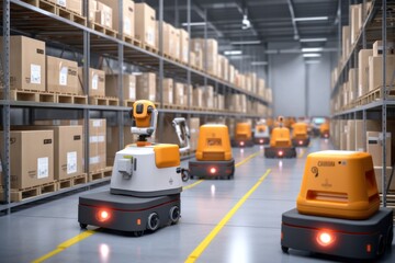 Immerse yourself in the precision and speed of modern logistics. This image captures the seamless dance of autonomous robots, streamlining warehouse operations with flawless efficiency - obrazy, fototapety, plakaty