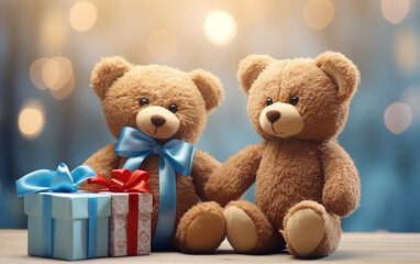 Golden Companions: Twin Teddy Bears with Gifts of Joy. Celebration of Softness: Cherished Gifts Wrapped in Love.