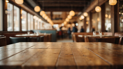 Empty wooden table in a pub or restaurant with bokeh background. High quality photo
