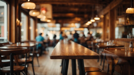 Fototapeta na wymiar Empty wooden table in a pub or restaurant with bokeh background. High quality photo 
