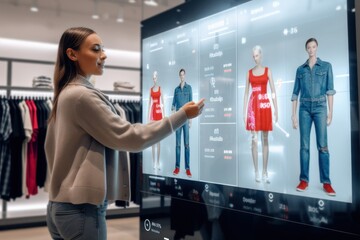 A young woman enjoys a cutting-edge shopping experience using an interactive digital screen to browse and try on clothes virtually