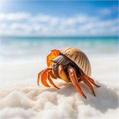 hermit crab on white sand beach in sunny daytime walking near small waves