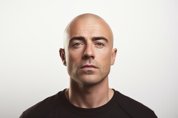Portrait of a bald man in a black T-shirt on a white background