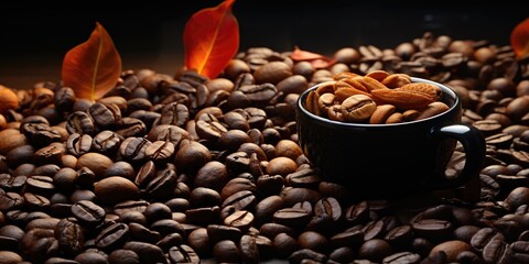 Roasted coffee in photo on black background. generative AI