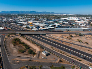 Phoenix city downtown skyline cityscape of Arizona in USA. Top view of downtown Phoenix Arizona on a summer day in USA.