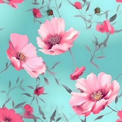 wattercolour pink flower on sky blue background, seamless pattern