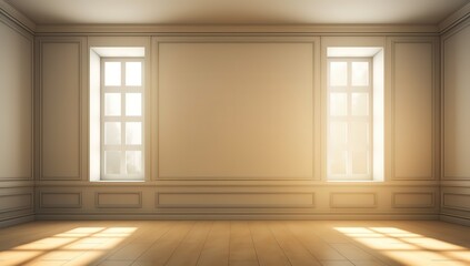 An empty room with cream colored walls with a light beam effect from the window. generative AI