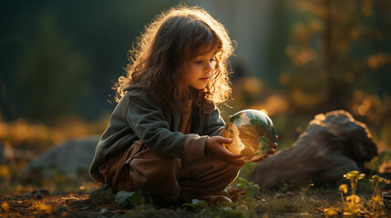 little girl in the autumn forest holds a transparent sphere representing the fragile nature of the water.
