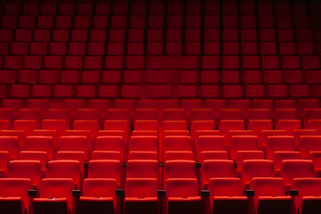 Empty cinema hall with red seats. Movie theatre. Neural network AI generated art