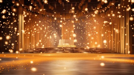 Golden confetti on empty festive stage with light, festive background